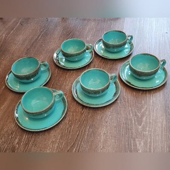Jaska of California‎ Cascade Ware Blue with Brown Drip Vintage 6 Teacups Saucers - Picture 2 of 13